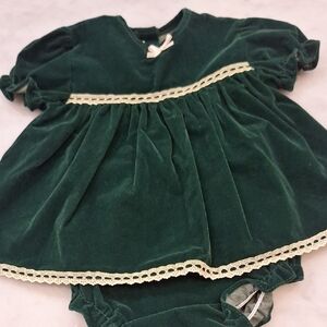 Vintage Cutest One Dk Green Velvet Baby Dress Bloomers Trim Christmas Set Sz 3-6